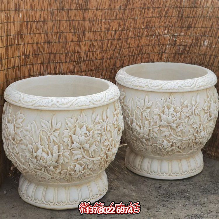 漢白玉浮雕荷花養(yǎng)魚(yú)缸，精美庭院裝飾戶外中式花盆