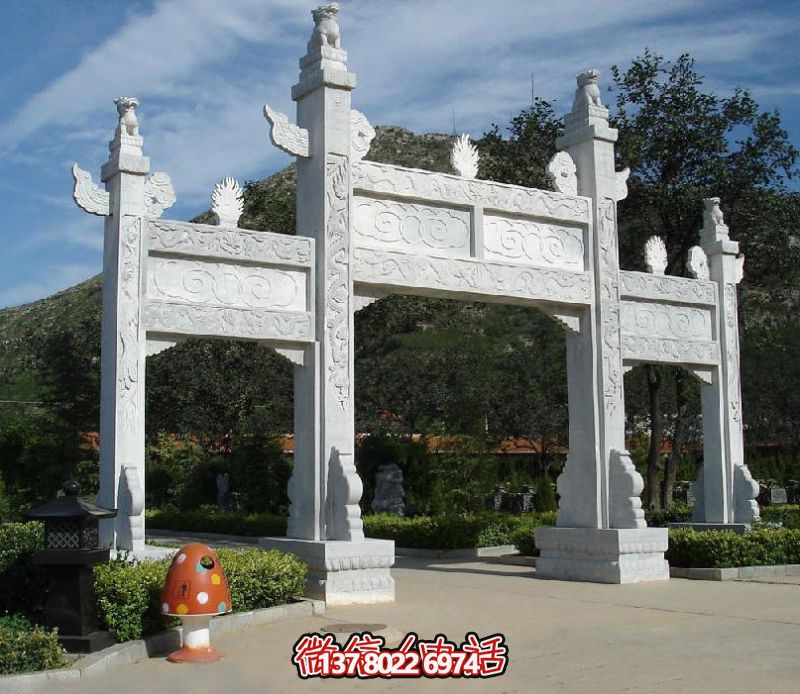 精致園林景觀，漢白玉華表浮雕祥云門樓石牌坊