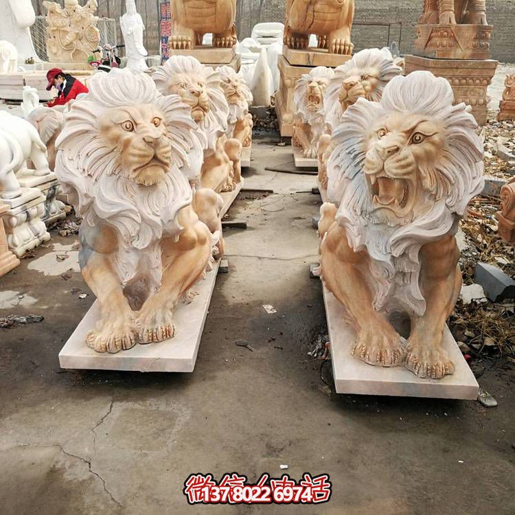 大理石石雕獅子雕塑，點(diǎn)綴晚霞紅園林景觀