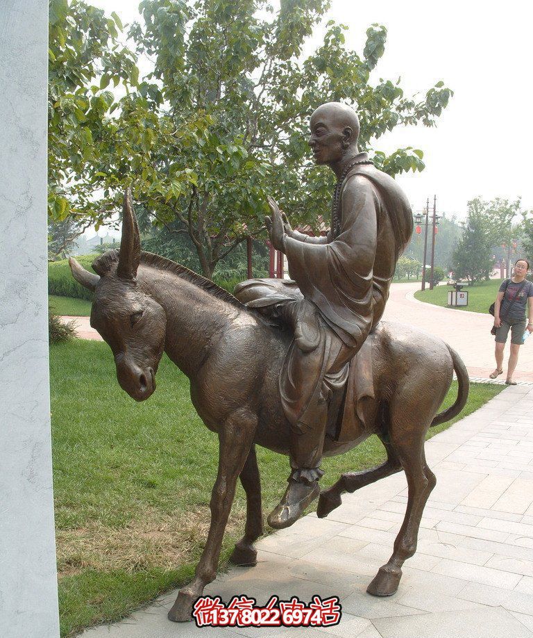 銅雕塑和尚著毛驢騎，精美雕塑，祥和園林