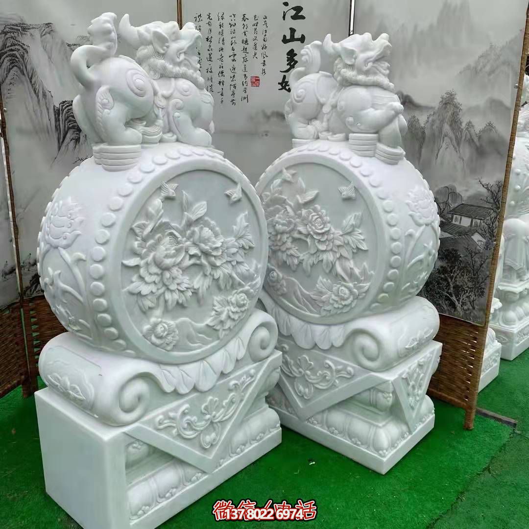 天然優(yōu)質(zhì)漢白玉浮雕麒麟抱鼓石，裝點(diǎn)你的庭院門(mén)口