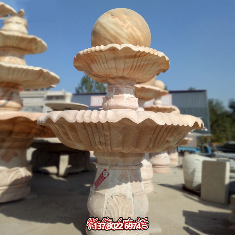 私家庭院風水紅景觀，點綴晚霞夢幻雕塑噴泉