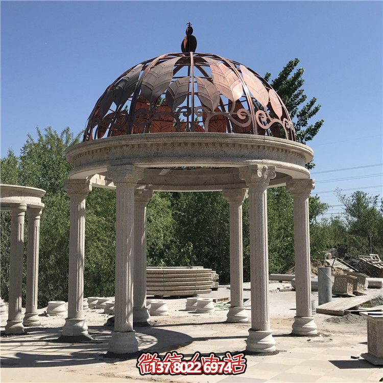 歐式風(fēng)格別墅花園裝飾鏤空樹(shù)葉鐵藝大理石涼亭擺件