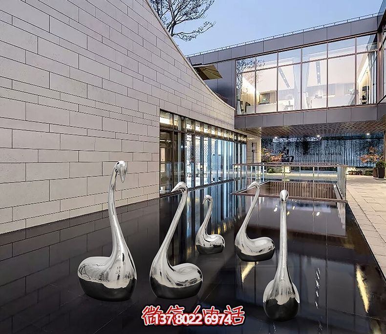 不銹鋼創(chuàng)意天鵝雕塑，鏡面水中裝飾別墅