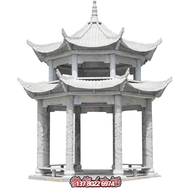 精美大理石雙層柱涼亭，雕塑點綴休息亭