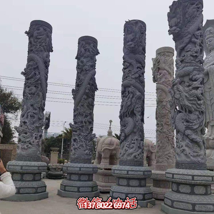 青石浮雕龍柱，精美石雕園林景觀裝飾
