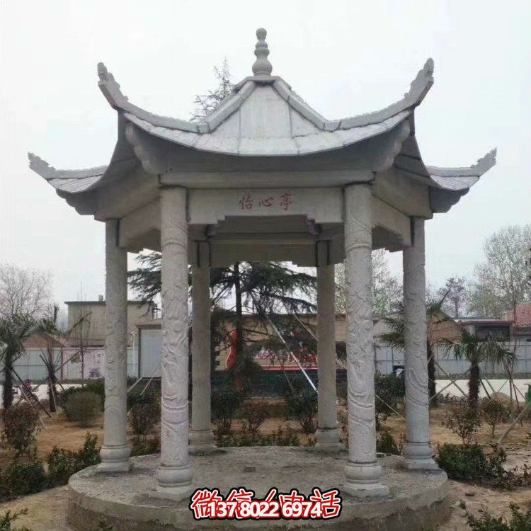 青石仿古石雕涼亭，營造寧靜田園風情