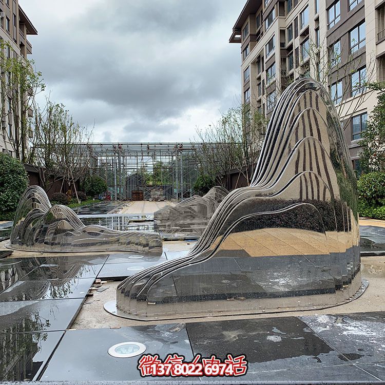 假山雕塑+不銹鋼噴泉，完美結(jié)合抽象鏡面美學(xué)