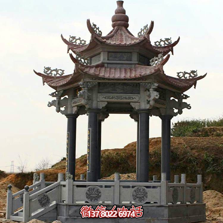 古典風格二層涼亭，青石雕刻仿古園林戶外擺放