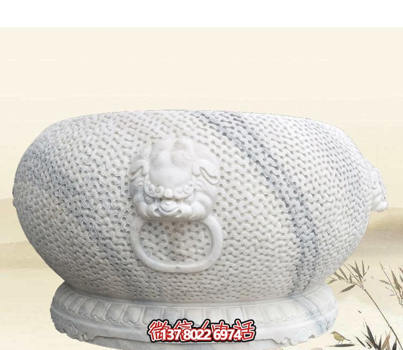 精美狴犴圓形雕塑，點(diǎn)綴庭院水缸浮雕
