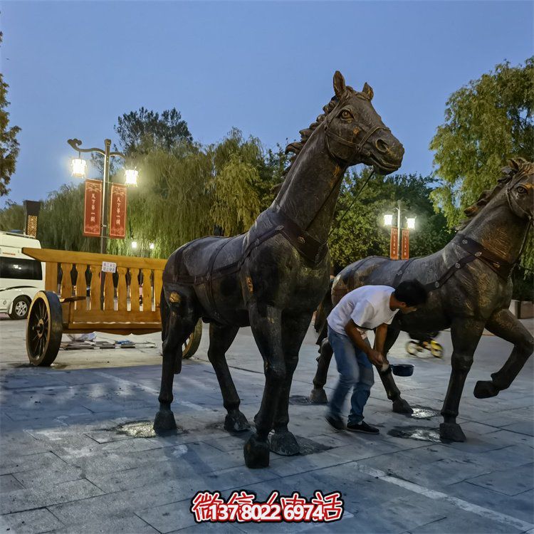 仿古銅中式馬拉車(chē)玻璃鋼景觀雕塑，非凡戶(hù)外擺放裝飾