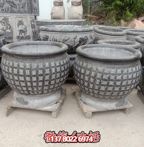 自然美學結合青石石雕、浮雕、編織、雕塑的戶外園林魚缸