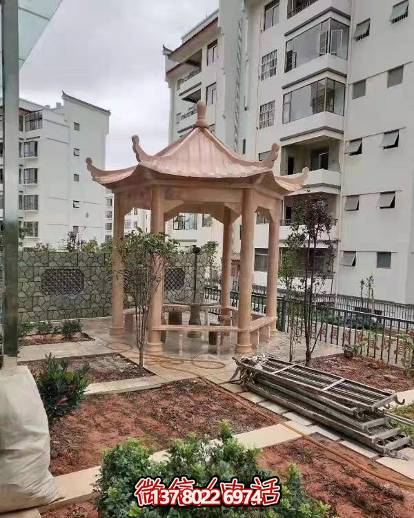 晚霞色石雕大理石涼亭，點(diǎn)綴園林美景