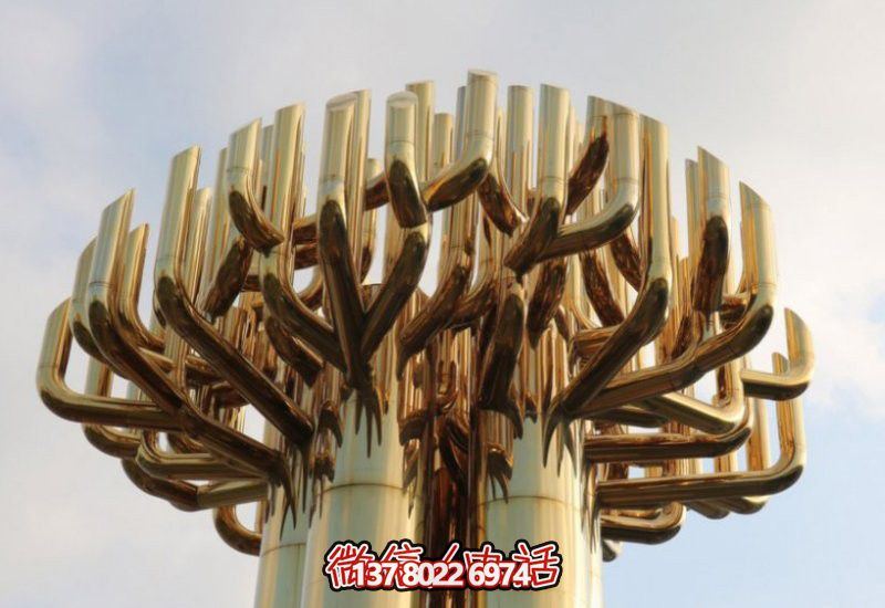不銹鋼大樹雕塑，金色噴涂
