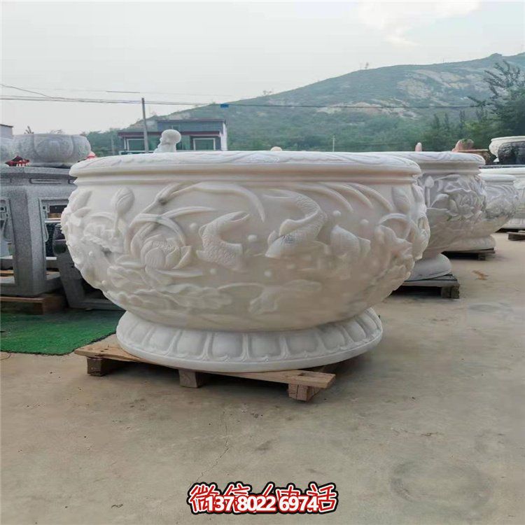 古典經(jīng)典，漢白玉鯉魚雕刻圓形水缸