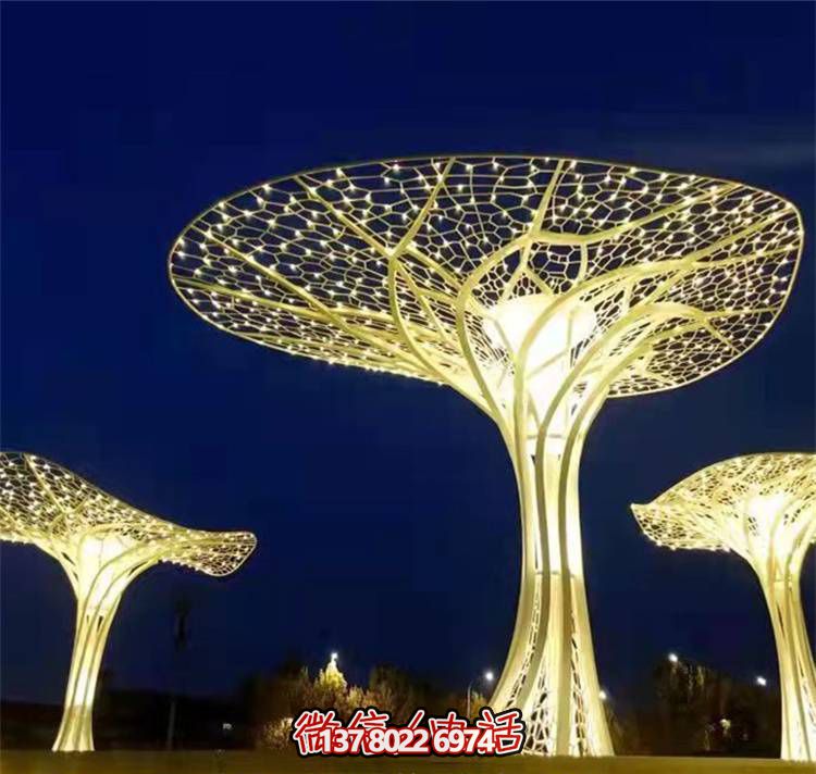 不銹鋼大型發(fā)光廣場(chǎng)照明抽象樹雕塑