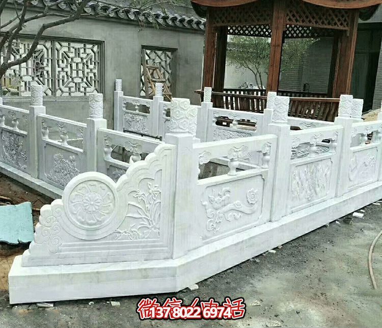 唯美古典庭院，池塘裝飾雕塑，漢白玉欄桿