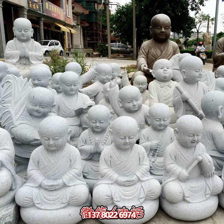天然砂巖雕刻小沙彌擺件，美麗景致精美寺院家居裝飾