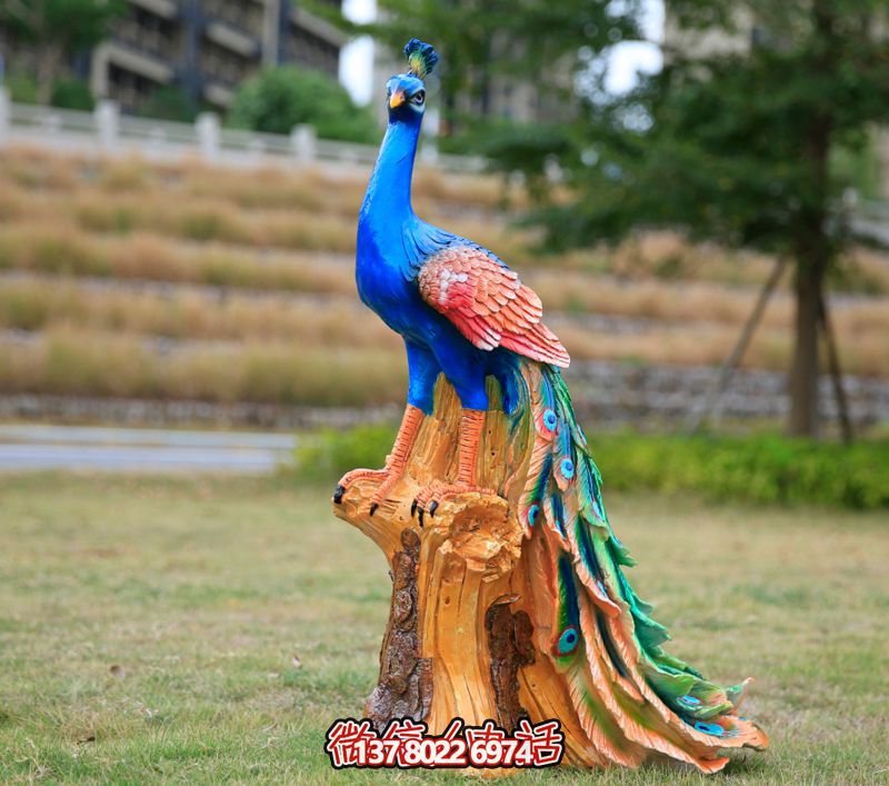 彩繪孔雀玻璃鋼雕塑，為公園街道擺放添彩