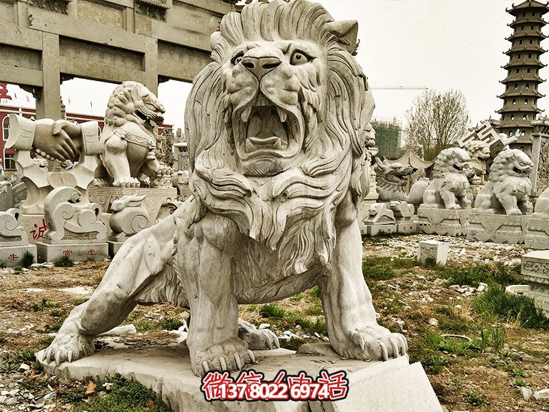 大理石石雕戶外園林景觀吼叫的獅子雕塑 大理石石雕戶外園林景觀吼叫的獅子雕塑