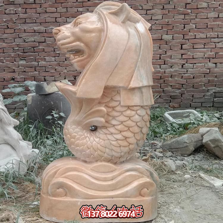 天然晚霞紅雕刻魚(yú)尾獅廣場(chǎng)水池噴水雕塑