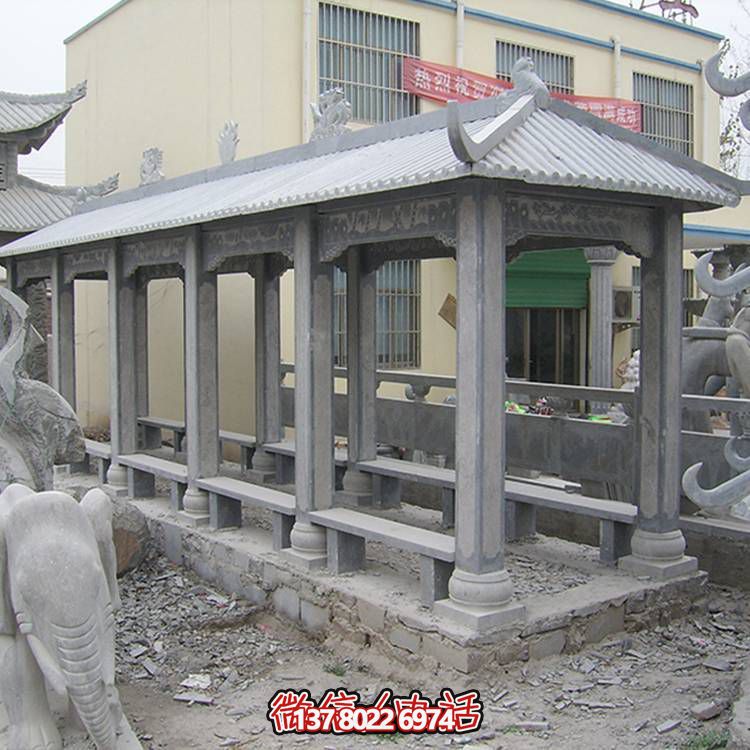 公園擺放青石仿古長(zhǎng)廊石涼亭雕塑